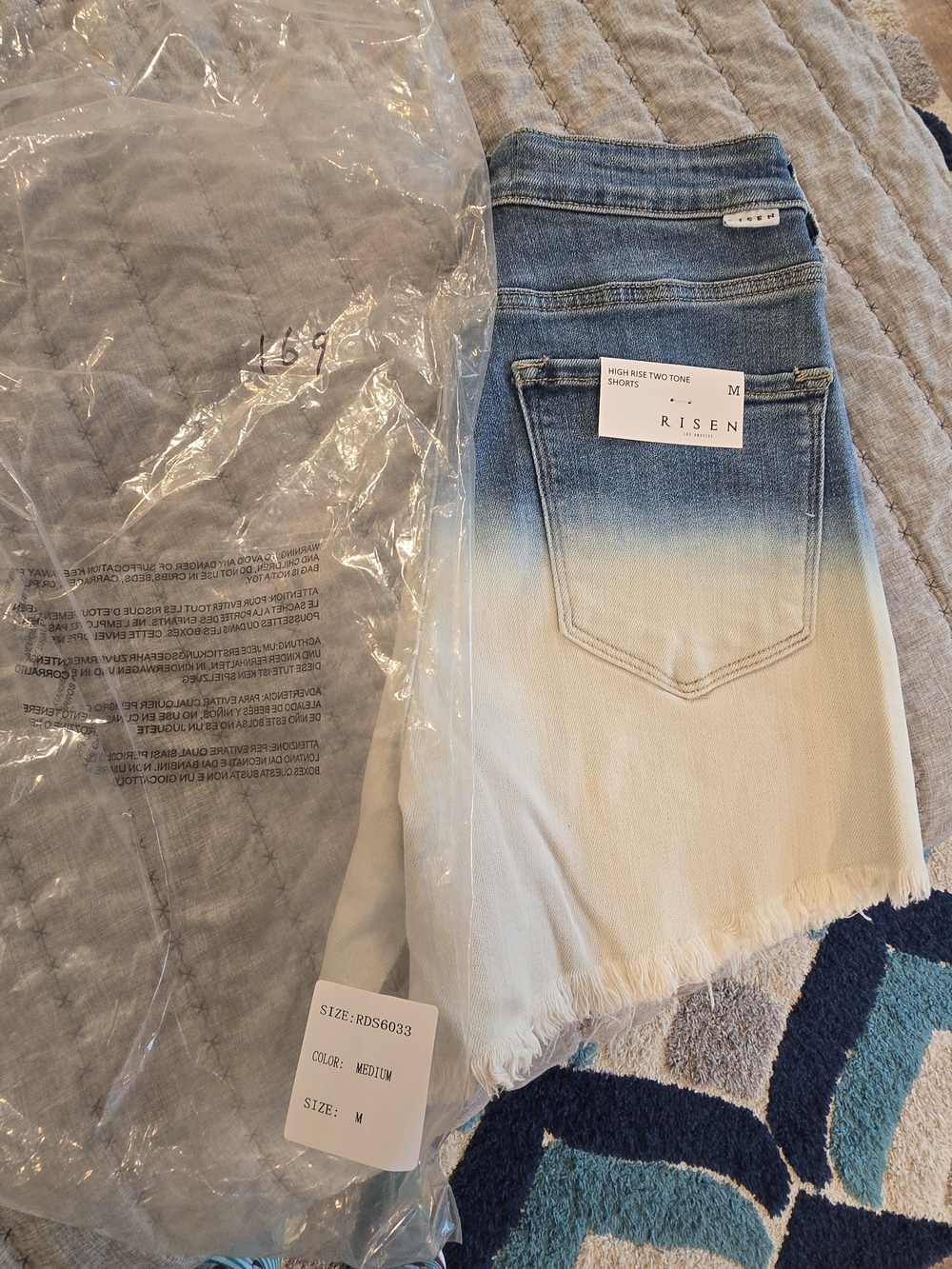 Risen High-Rise Ombre Blue to White Frayed Denim Jean Shorts - Picture 5 of 6